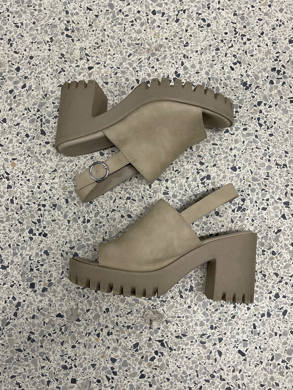 Madden Girl Chunky Taupe Platform Slingback Buckle Block Heels